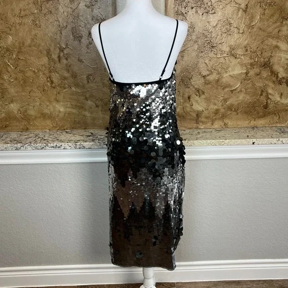 NWT Avec Les Filles Mini Slip Dress 4 Sparkling Sequin Party Black‎ Silver - Picture 5 of 12